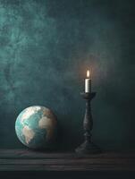 Globe and Candle Still Life with Teal Backdrop on Wooden Surface photo