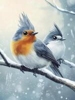 Two Cute Birds Perched on Snowy Branch Illustration in Winter photo