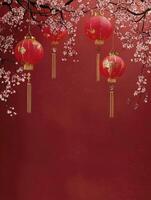 Red Chinese Lanterns Hanging From Blooming Branches on Red Backdrop photo
