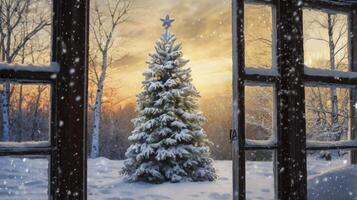 Snowy Christmas Tree Seen Through Open Window in Winter Scene photo