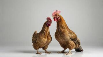 Two Brown Chickens Standing Together in Studio with White Background photo