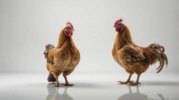 Two Brown Chickens Standing Indoors on a White Reflective Surface photo
