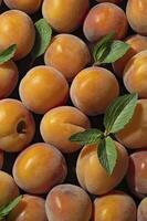 Fresh Apricots Background with Mint Leaves Overhead Close-up Still Life photo