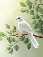 White Dove Perched on Branch with Green Leaves in Gentle Light photo