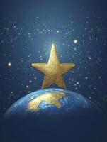 Golden Star Standing on Planet Earth with Shining Stars Background photo