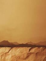 Abstract Mountain Landscape Artwork with Crumpled Brown Paper Foreground Texture photo