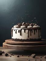 Delicious Chocolate Cake with Drip Icing on Wooden Stand Display photo
