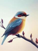 Colorful Bird Perching on Branch with Budding Leaves in Spring photo