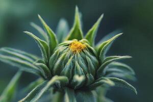 A close up of a green flower with yellow center photo