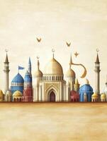 Digital Painting of Middle Eastern Buildings with Minarets and Crescent Moons photo