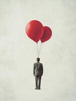 Man in Suit Standing with Red Balloons Against Textured Background photo