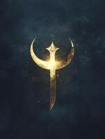 Golden Emblem Symbol on Dark Background with Light and Sparkling Effects photo