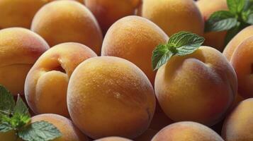 Close-up of Fresh Peaches with Mint Leaves for a Healthy Diet photo