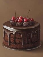 Delicious Chocolate Cake with Cherries and Dripping Ganache Frosting photo