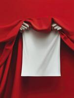 Hands Holding White Cloth Against Red Backdrop - Space for Text photo