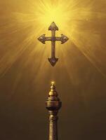Golden Cross with Light Rays Above Ornate Column Religious Symbol photo