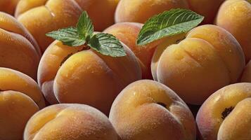 Ripe Apricots Close Up with Mint Leaves Natural Light Still Life photo