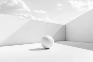 Soccer Ball Resting in Minimalist All White Abstract Room Under Cloudy Sky photo