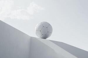 Soccer Ball Resting on White Structure Against Sky Minimalist Composition photo