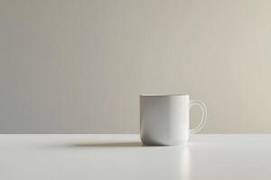 White Mug on Table Mockup with Neutral Background for Product Display photo
