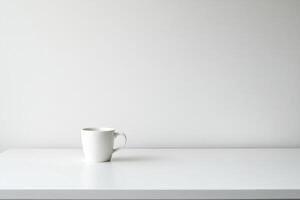 Minimalistic White Mug on White Table Against Light Grey Background Still Life photo