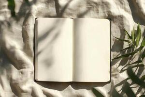 Open Blank Notebook with Leaves Shadow on Fabric Background Still Life photo