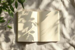 Open Notebook on Linen Fabric with Leaf Shadows, Perfect for Writing photo