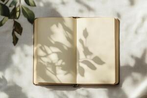 Open Notebook with Leaf Shadows Creating a Peaceful Workspace Ambiance photo