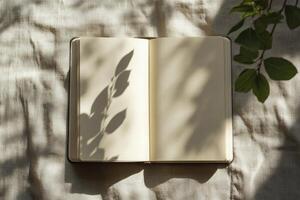 Open Notebook with Sunlight and Leaf Shadows on Linen Surface photo