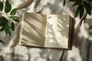 Open Notebook with Blank Pages and Plant Shadows for Creative Writing photo