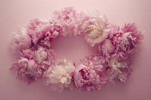 Pink Peony Flower Wreath on Light Pink Background Overhead Shot photo