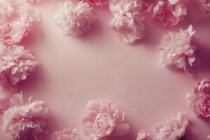 Arrangement of Light Pink Peonies on Pink Background with Copy Space photo