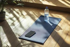 Preparing for Indoor Exercise Yoga Mat Water Bottle and Smartphone photo