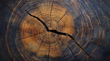 Examining Tree Trunk Cross Section with Growth Rings and a Crack photo