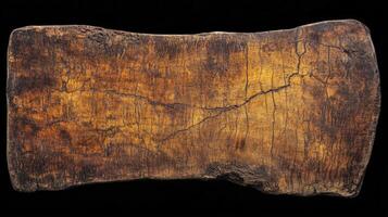 Antique Wooden Board with Cracks and Weathered Texture Against Black Backdrop photo