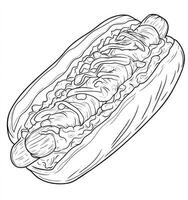 Drawing of Hot Dog with Toppings in a Bun for Coloring Book photo