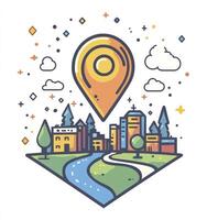 Finding City Location with Map Pointer Icon Above Urban Landscape photo