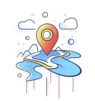 Stylized Map with Location Pin Above Mountains and River Illustration photo