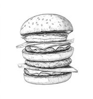 Drawing of Huge Burger with Multiple Patties and Cheese on White photo