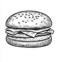 Drawing of Classic Hamburger with Cheese, Illustration for Fast Food Menu photo