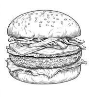 Delicious Burger Sketch Illustration with Sesame Bun and Various Toppings photo