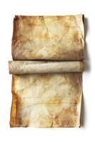 Old Parchment Scroll Unrolled with Faded Texture on White Background photo