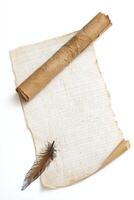 Old Paper Scroll with Feather Quill on Crumpled Parchment Background photo