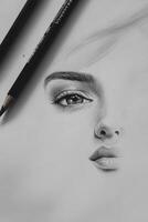 Drawing of a Woman's Face in Graphite with Pencils Beside It photo