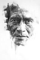 Portrait Drawing of a Mature Man with Intense Expression on Paper photo