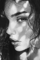 Pencil Drawing of Young Woman with Wavy Hair in Shadowed Light photo
