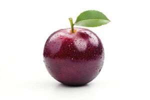 Fresh Plum with Stem and Leaf Covered in Water Droplets photo