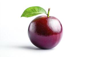 Single Fresh Plum with Green Leaf Isolated on White Background photo