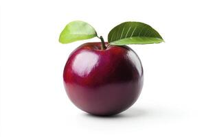 Fresh Red Apple Still Life with Green Leaves on White Background photo