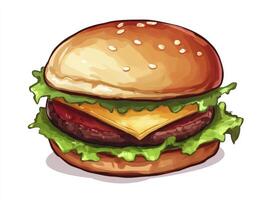 Cartoon Cheeseburger Illustration with Lettuce and Sesame Seed Bun photo